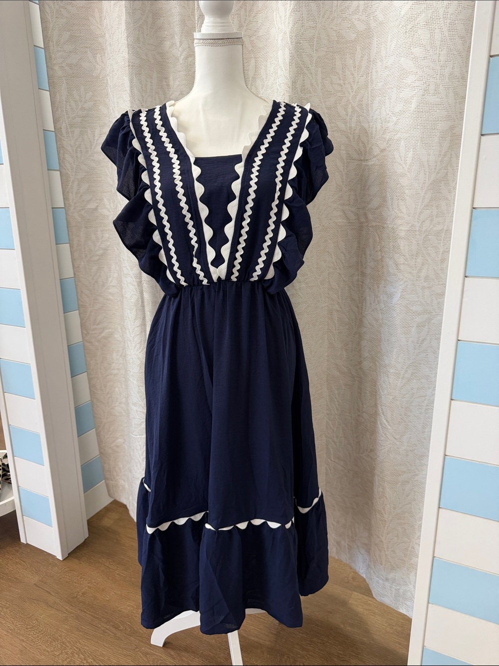 Navy Midi Dress with White Trim and Ruffle Detail